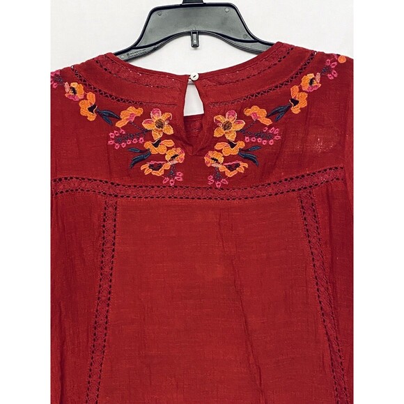 Umgee Womens Top size Small Red Floral Embroidered Boho Crepe Style Top - Picture 7 of 8